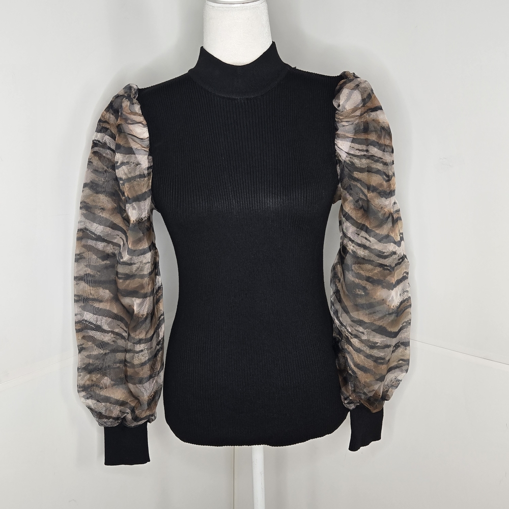 New Look Black Sweater with Sheer Animal Print Sleeves 2X Black Brown